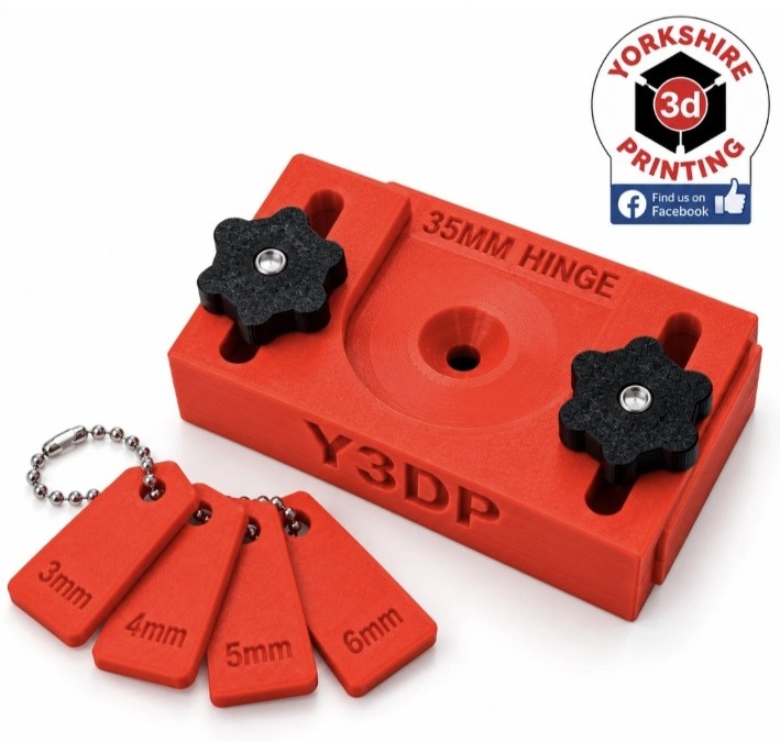 Y3DP 35mm cabinet hinge jig with black knobs and 3mm, 4mm, 5mm and 6mm spacers on a white background